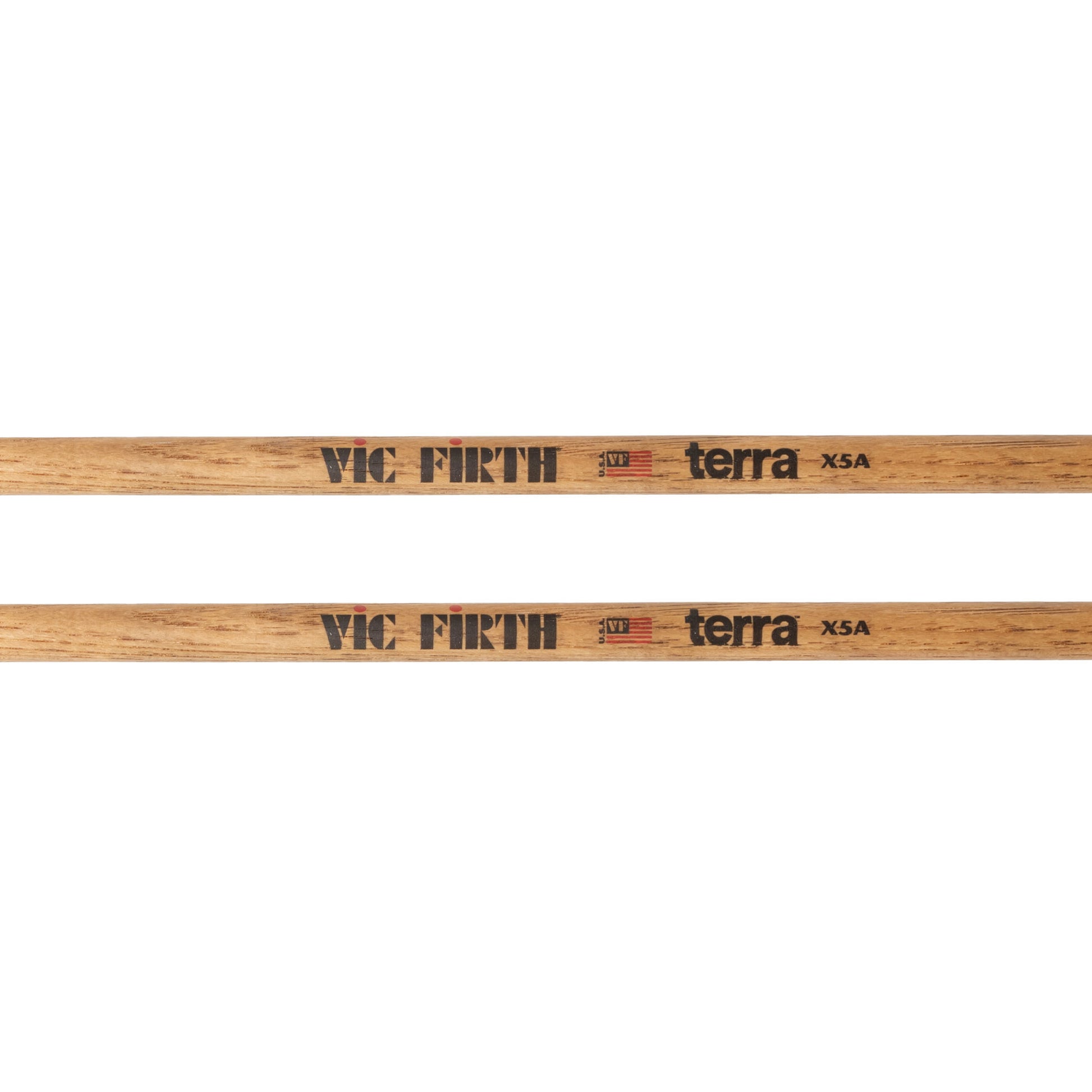 American Classic® X5AT Terra Series Drumsticks, Wood Tip logo and text detail.